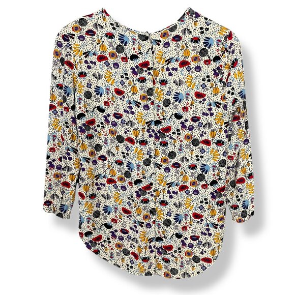 H&M Top Busy Abstract Print Eclectic High Low Cropped Sleeves Size 4 Button Back - Picture 2 of 11